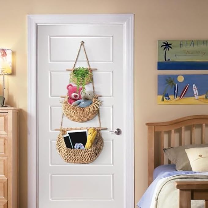 BIGTHREE 3-TIER JUTE & COTTON ROPE WALL HANGING BASKET, BOHO STORAGE ORGANIZER WITH 2 HOOKS, FOR FRUITS, VEGETABLES & HOME DECOR IN KITCHEN, BATHROOM, BEDROOM & LIVING ROOM - Image 5
